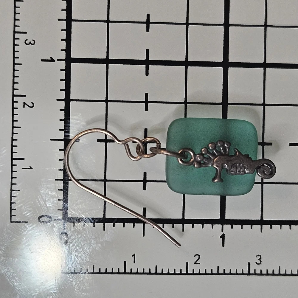 Handmade 925 Seahorse Sterling Silver Green Beach Glass Earrings